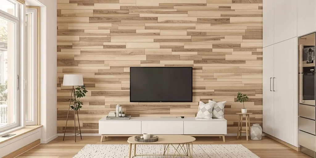 Tendenze Arredamento 2025 - Pareti in legno con texture naturali e toni caldi.