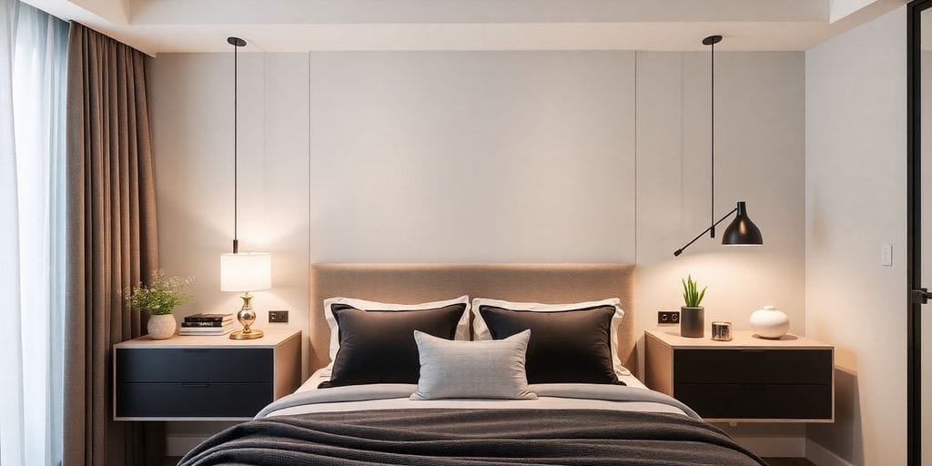 Camera da letto con comodini sospesi eleganti e moderni.